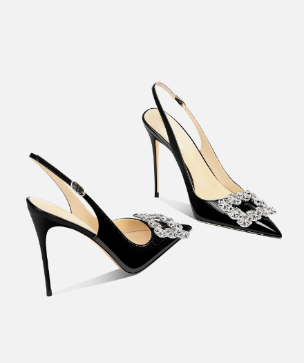 Women'S Work Fashion - Black rhinestone square buckle high-heeled shoes