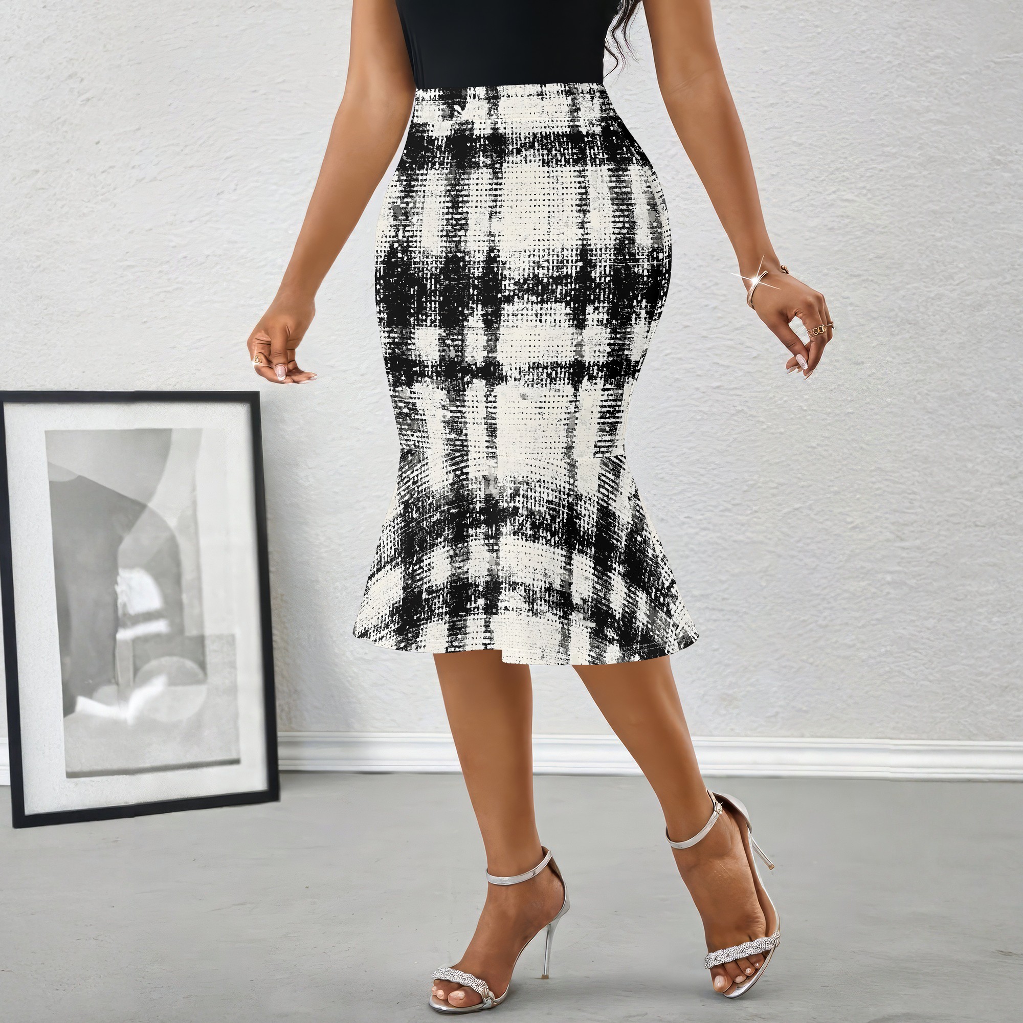 Black White Plaid Midi Skirt,  - Women Formal Wear Black And White ulasan dan harga