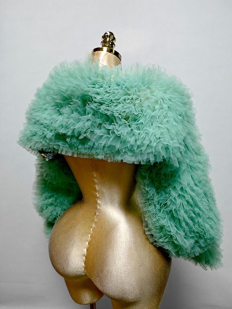 Green Ruffle Coat  Long Sleeve - Women Formal Event Wear ulasan dan harga